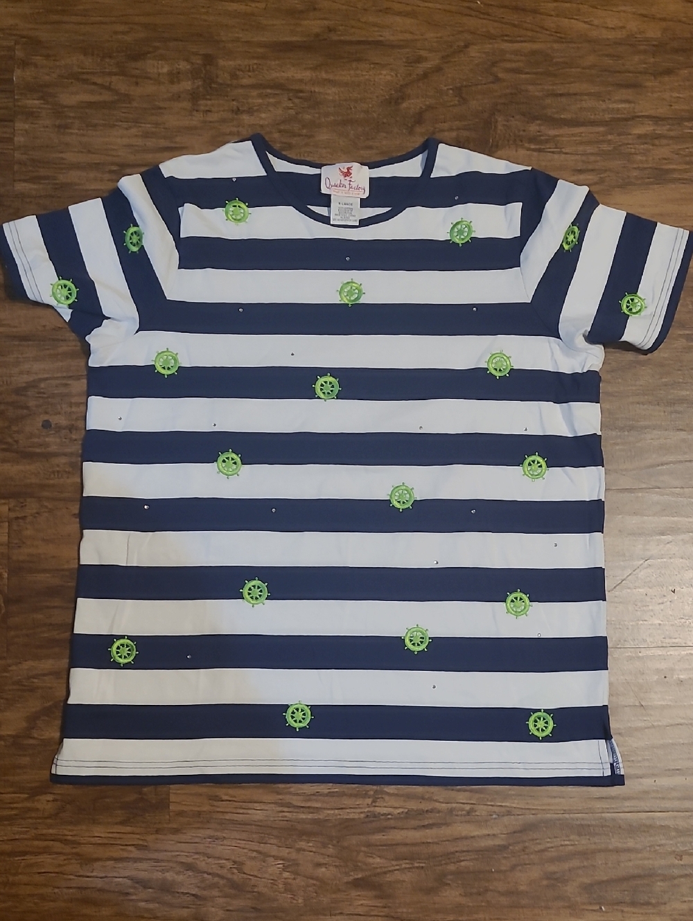 Quaker Factory Striped T Shirt Xl Embroidered Blue And White